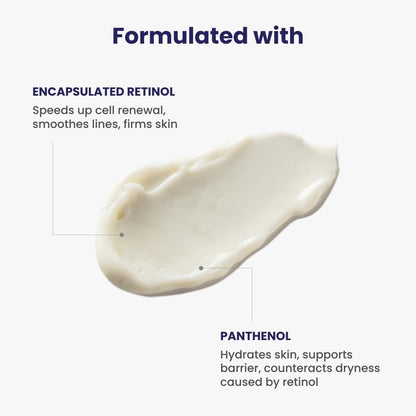 Skincare product with text about encapsulated retinol and panthenol on a white background