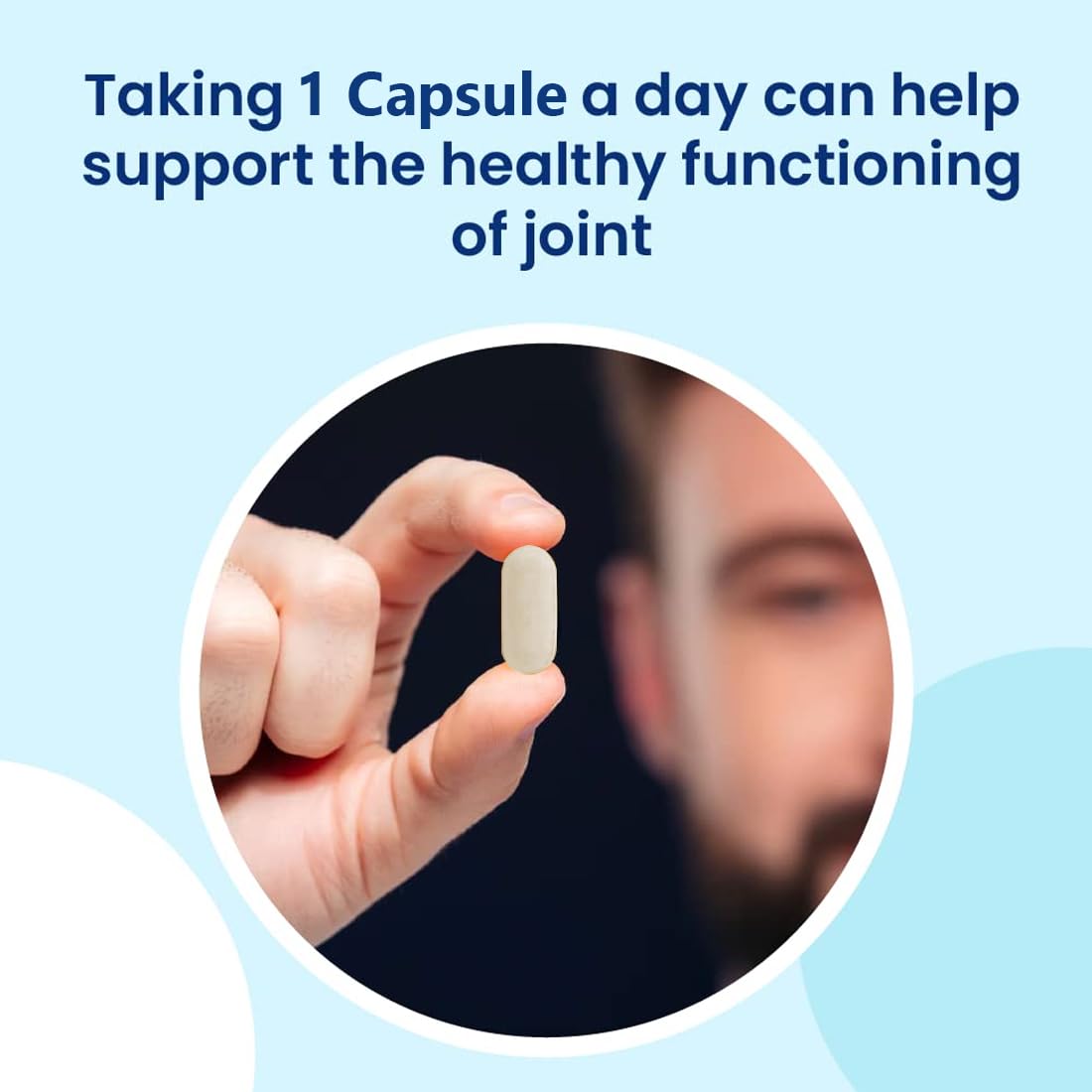 Hand holding a capsule with text about joint health on a light blue background