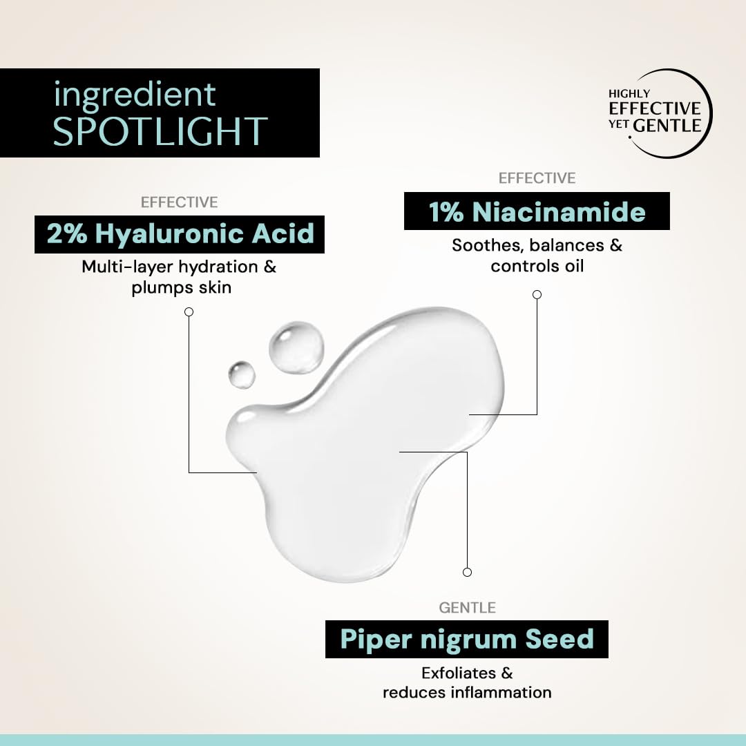 Skincare product with hyaluronic acid, niacinamide, and piper nigrum seed labeled as effective, gentle, and highly effective.