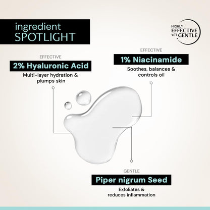 Skincare product with hyaluronic acid, niacinamide, and piper nigrum seed labeled as effective, gentle, and highly effective.