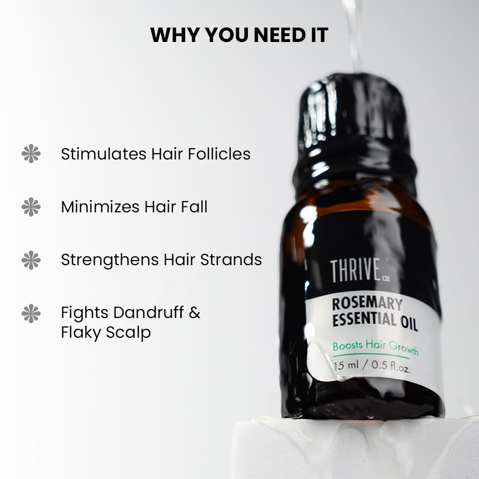 Rosemary essential oil bottle with benefits listed on a white background