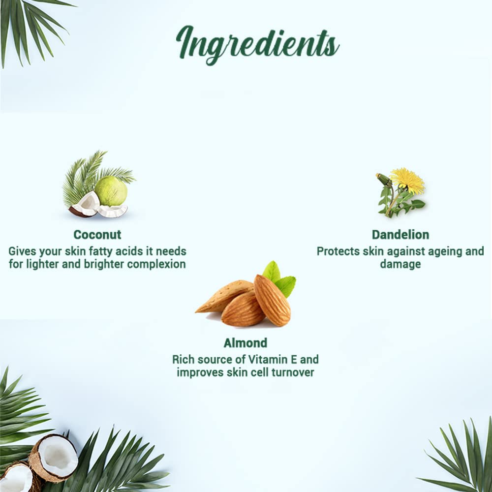 Ingredients of a skincare product with coconut, dandelion, and almond shown on a light blue background.