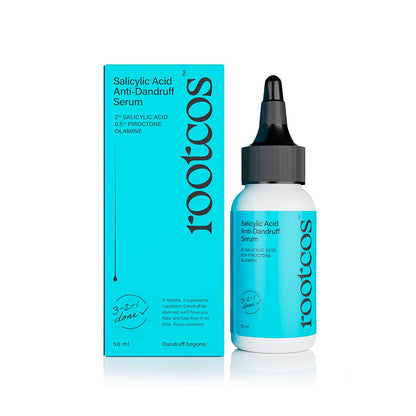 Rootcos anti-dandruff serum bottle and packaging on a white background