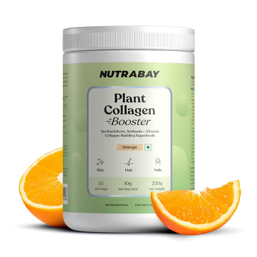 Nutrabay Plant Collagen Booster container with orange slices on a white background