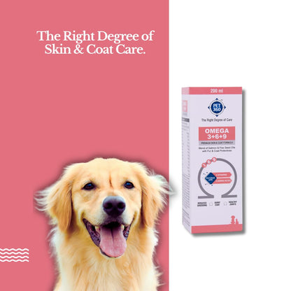 PET360 Omega 3+6+9 for Dogs | Blend of Salmon & Flax Seed Oils with Fur & Coat Protectives | Reduced Shedding | Shiny Coat | Healthy Joints | Nutritional Supplement for Pets - 200 ml