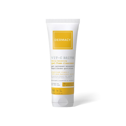 Dermacy Vit - C Brite Daily Balancing Gel Foam Cleanser | Brightening Cleanser That Removes Impurities and Boosts Radiance | 20% Stabilized Vitamin - C Complex + 100% Pure Hyaluronic Acid + ThermoActiv Spring Water | Suitable for All Skin Types | 100 ml