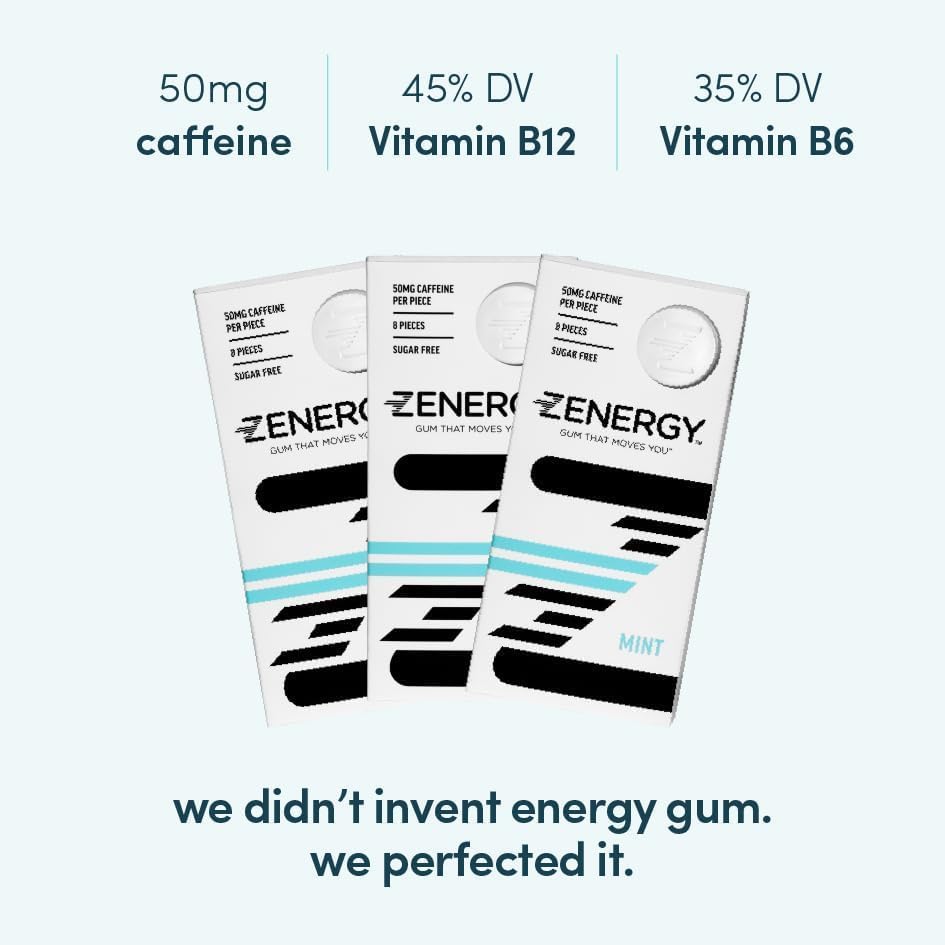 ZENERGY Energy Gum - Mint Flavor | 50mg Caffeine + 35% B6 and 45% B12 Vitamin | Vegan, 0 Sugar, 0 Calories, 0 Gluten, 0 Aspartame, Non-GMO, Instant Action | 1 Pack = 8 Count
