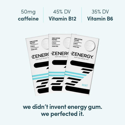 ZENERGY Energy Gum - Mint Flavor | 50mg Caffeine + 35% B6 and 45% B12 Vitamin | Vegan, 0 Sugar, 0 Calories, 0 Gluten, 0 Aspartame, Non-GMO, Instant Action | 1 Pack = 8 Count