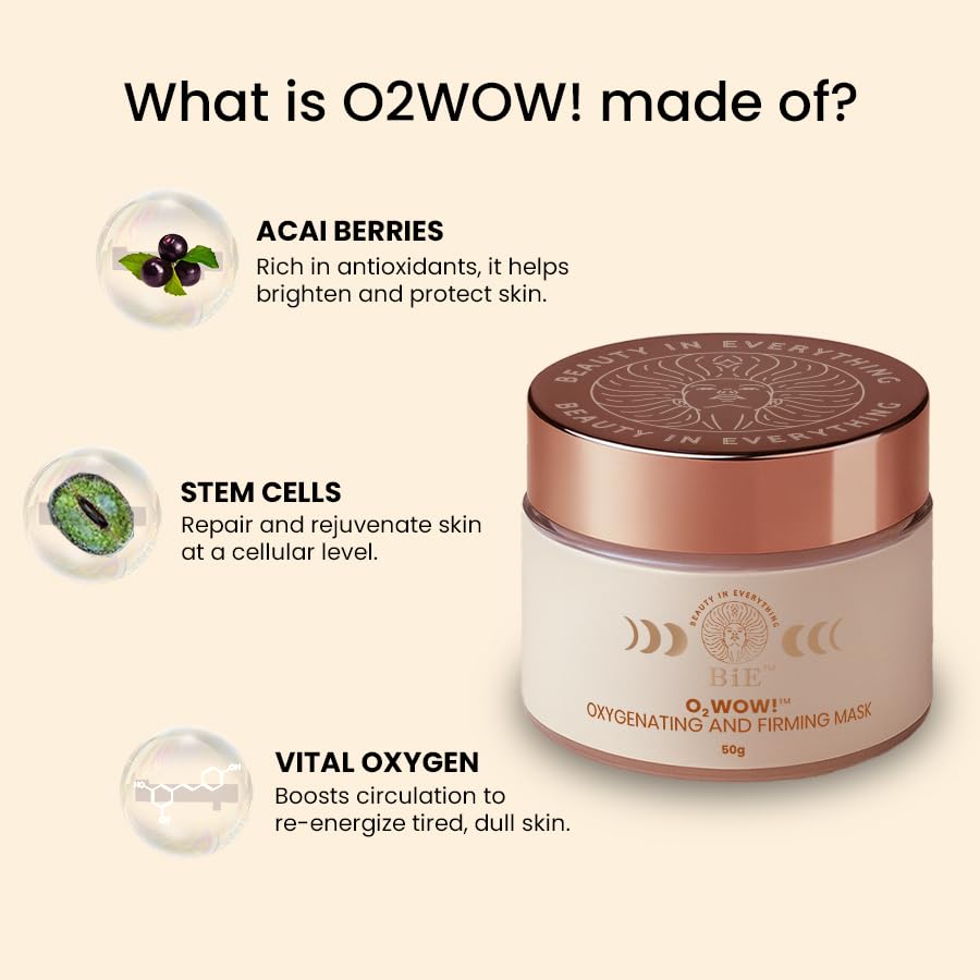 BiE O2WOW Oxygenating & Firming Face Mask | Detan, Pigmentation & Dark Spot Care | Instant Tan Removal | Acai Berry, Ginseng Stem Cells & Vital Oxygen | All Skin Types | 50gm