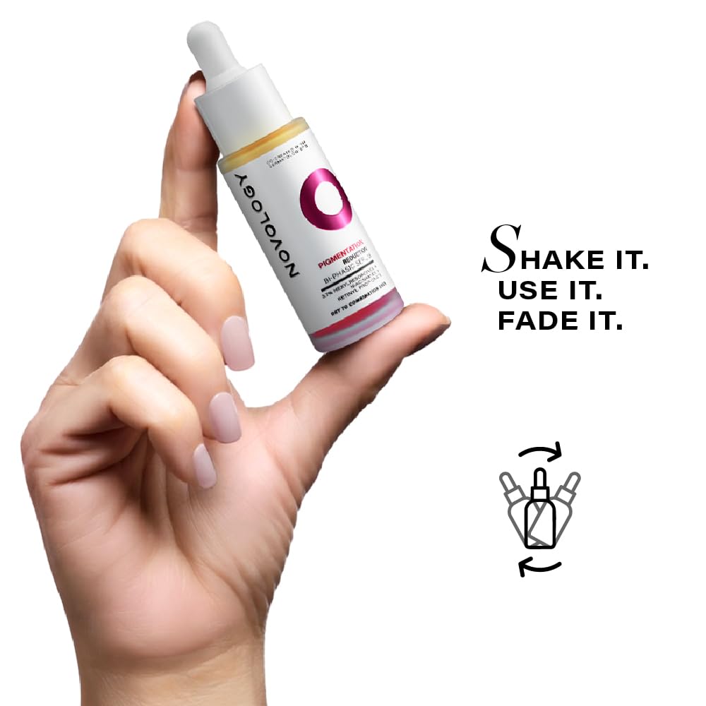 Hand holding a dropper bottle with a skincare product, labeled 'Nukology', on a white background.