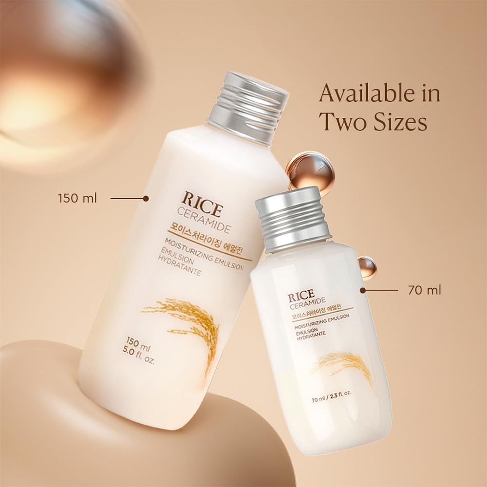 Two bottles of Rice Ceramide skincare product on a beige background with text indicating sizes.