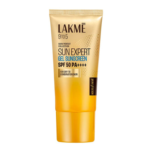 Lakme Sun Expert gel sunscreen tube on a white background