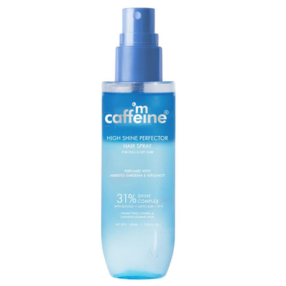 Blue hair spray bottle labeled 'm caffeine' on a white background