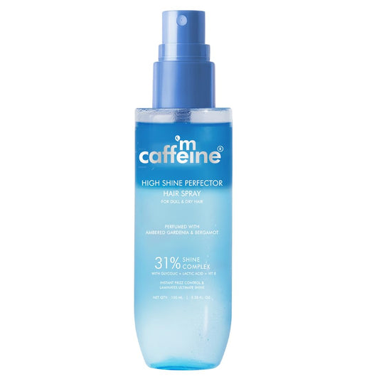 Blue hair spray bottle labeled 'm caffeine' on a white background