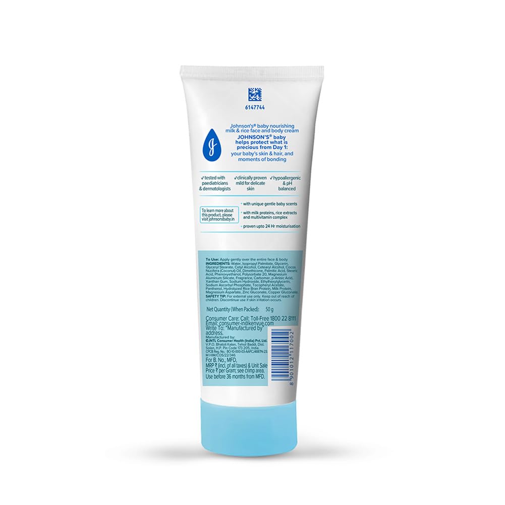 Johnson's Baby Milk & Rice Cream 50g | Face & Body Moisturizer | With Milk Protein, Rice Extracts & Multivitamins | Nourishes Dry & Sensitive Skin | Hypoallergenic | No Parabens or Sulphates