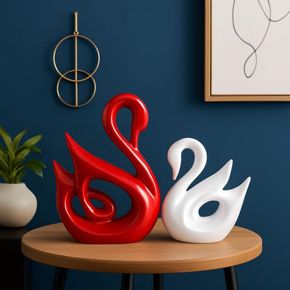 Xtore Lucky Swan Couple Piano Finish Ceramic Figures for Home Decor (Set of 2 Pc, Large, White & Red)