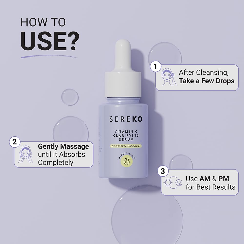 Sereko Vitamin C Clarifying Serum with usage instructions on a light purple background