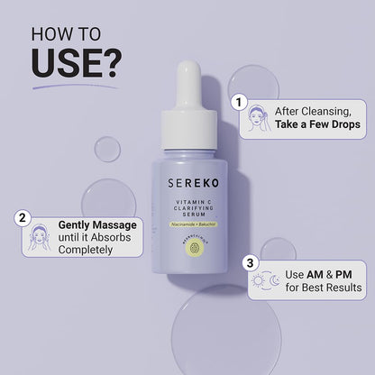 Sereko Vitamin C Clarifying Serum with usage instructions on a light purple background