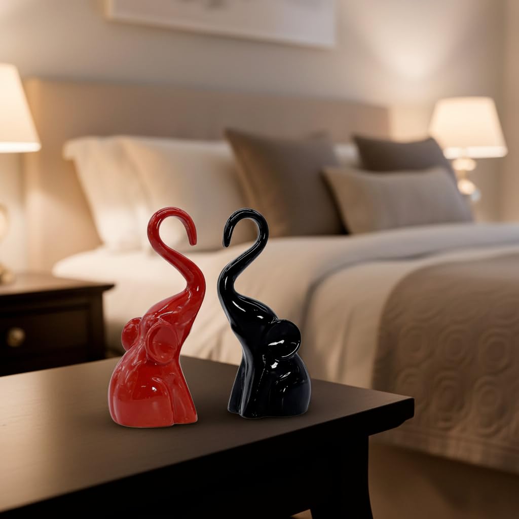 CraftVatika Home Décor Elephant Couple Showpiece Statue for Good Luck Fengshui, Decorative Items Figurine for Home Decoration Living Room Bedroom Housewarming Wedding Gift (Set of 2, Red & Black)
