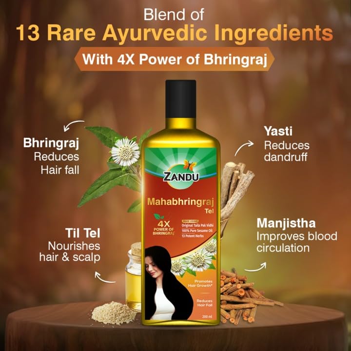 Zandu Mahabhringraj Tel (200ml): Original Hair Oil with 100% Pure Sesame Oil | 4X Power of Bhringraj | Scientifically Proven | 13 Potent Herbs | Hair Fall Control, No Parabens, Harmful Chemicals