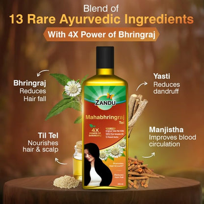 Zandu Mahabhringraj Tel (200ml): Original Hair Oil with 100% Pure Sesame Oil | 4X Power of Bhringraj | Scientifically Proven | 13 Potent Herbs | Hair Fall Control, No Parabens, Harmful Chemicals