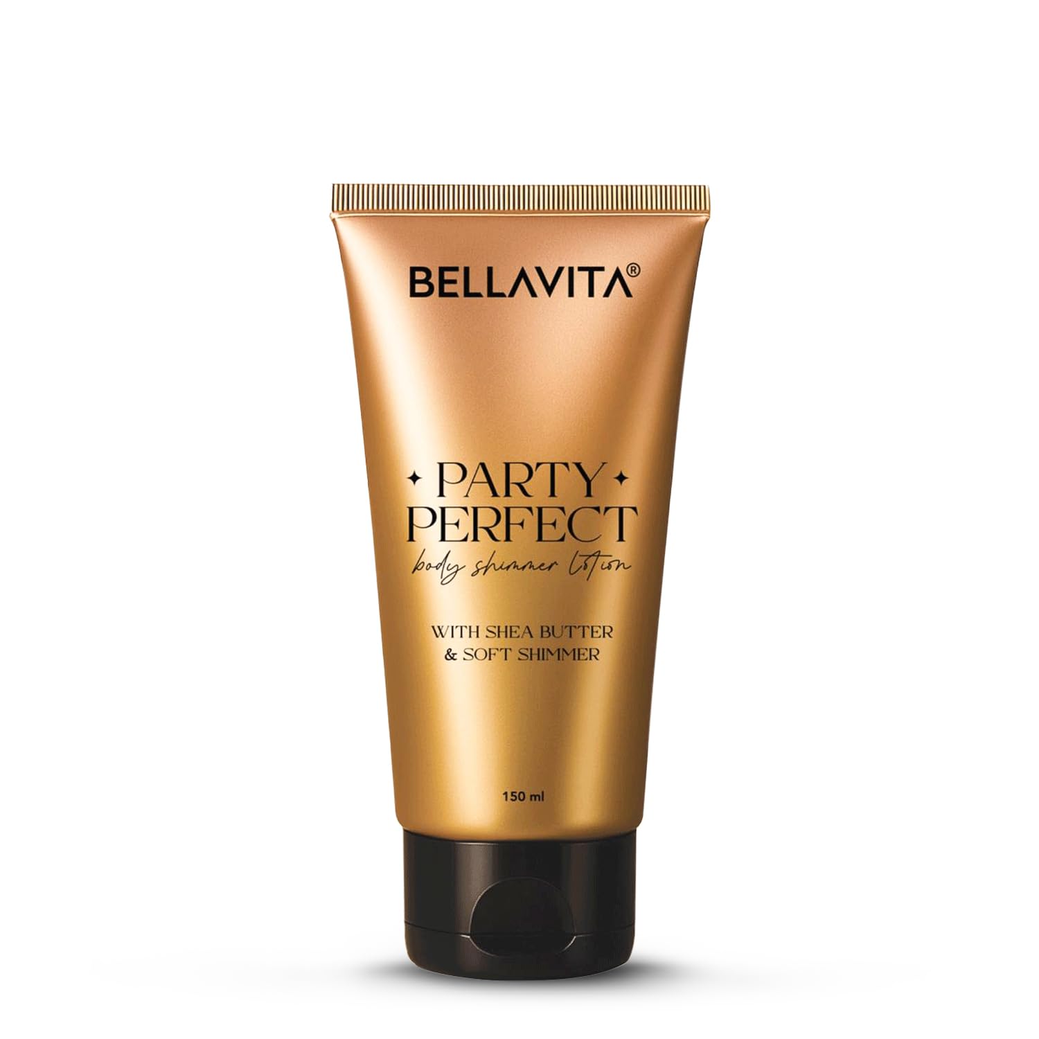 Bellavita Party Perfect body shimmer lotion tube on a white background