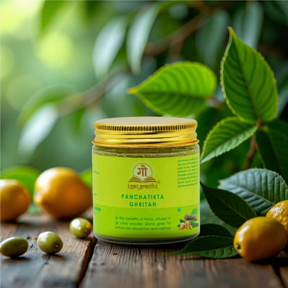 Cow Ved GauGranth PanchaTikta A2 Gir Cow Ghee 100ml | Ayurvedic Herbal Ghee with Neem, Patola, Vasa, Kantakari & Guduchi | Traditional Wooden Bilona Method | Pure A2 Desi Ghee in Glass Jar