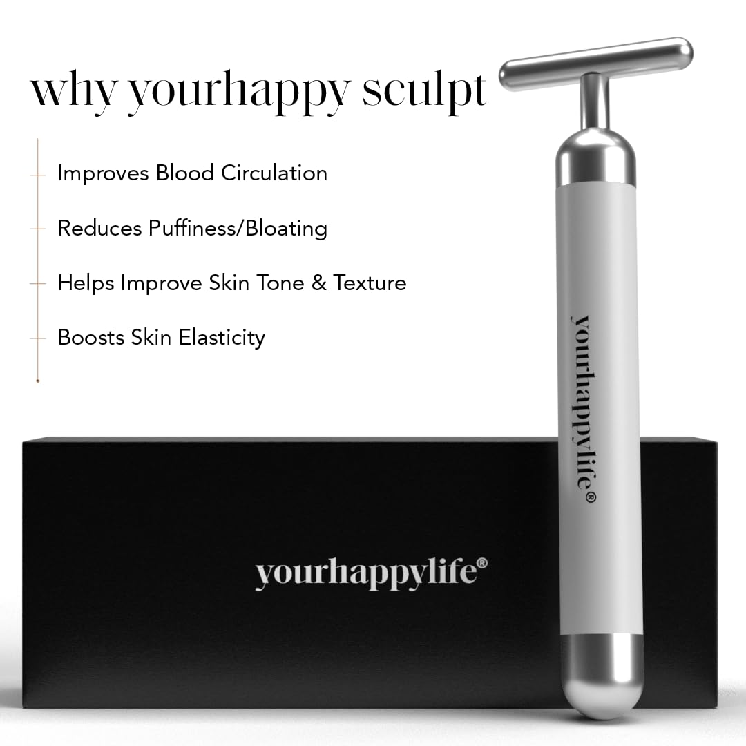YourHappyLife Sculpt Face Roller T-Shaped electric (Battery Operated) Dermateq Silver Coated | Anti Wrinkle Massager for Forehead, Eye, Neck & Collar Bone (Silver Colour) | Skin Elasticity, De-Puff.