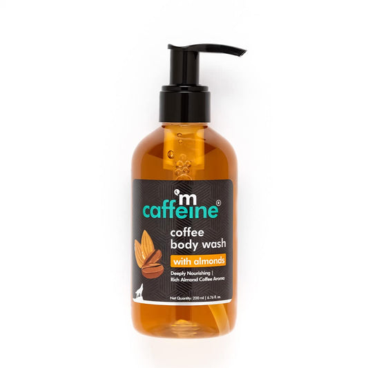 Bottle of caffeine coffee body wash with almonds on a white background
