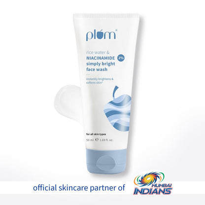 Plum Simply Bright 2% Niacinamide Face Wash With Rice Water | Brightens Skin, Helps Fade Blemishes | Softens & Smoothens Skin | Gentle & Non-Drying | Women & Men | 100% Vegan | 50 ml