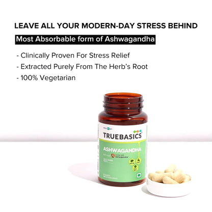 TrueBasics Ashwagandha supplement bottle with text about stress relief and product features on a white background.