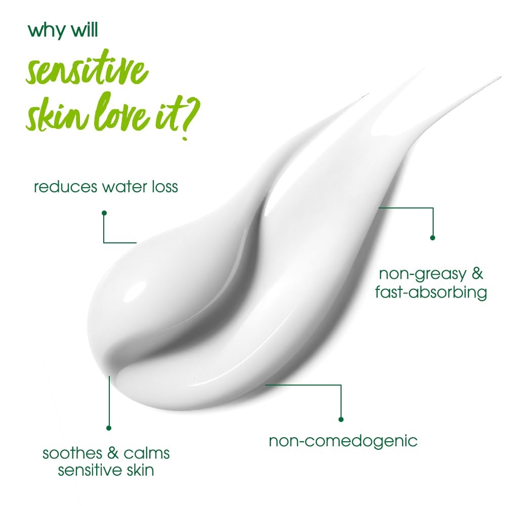 Skincare product with text highlighting benefits for sensitive skin on a white background
