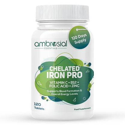 Ambrosial Chelated Iron Pro supplement bottle on a white background