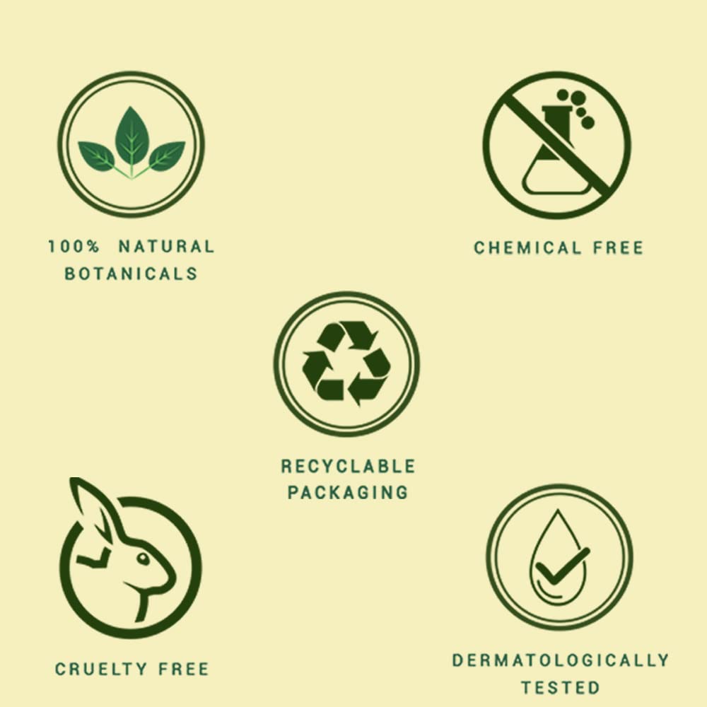Set of green icons representing various product attributes on a beige background