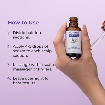 Hand holding a bottle of Naturala Scalp Serum with usage instructions on a purple background