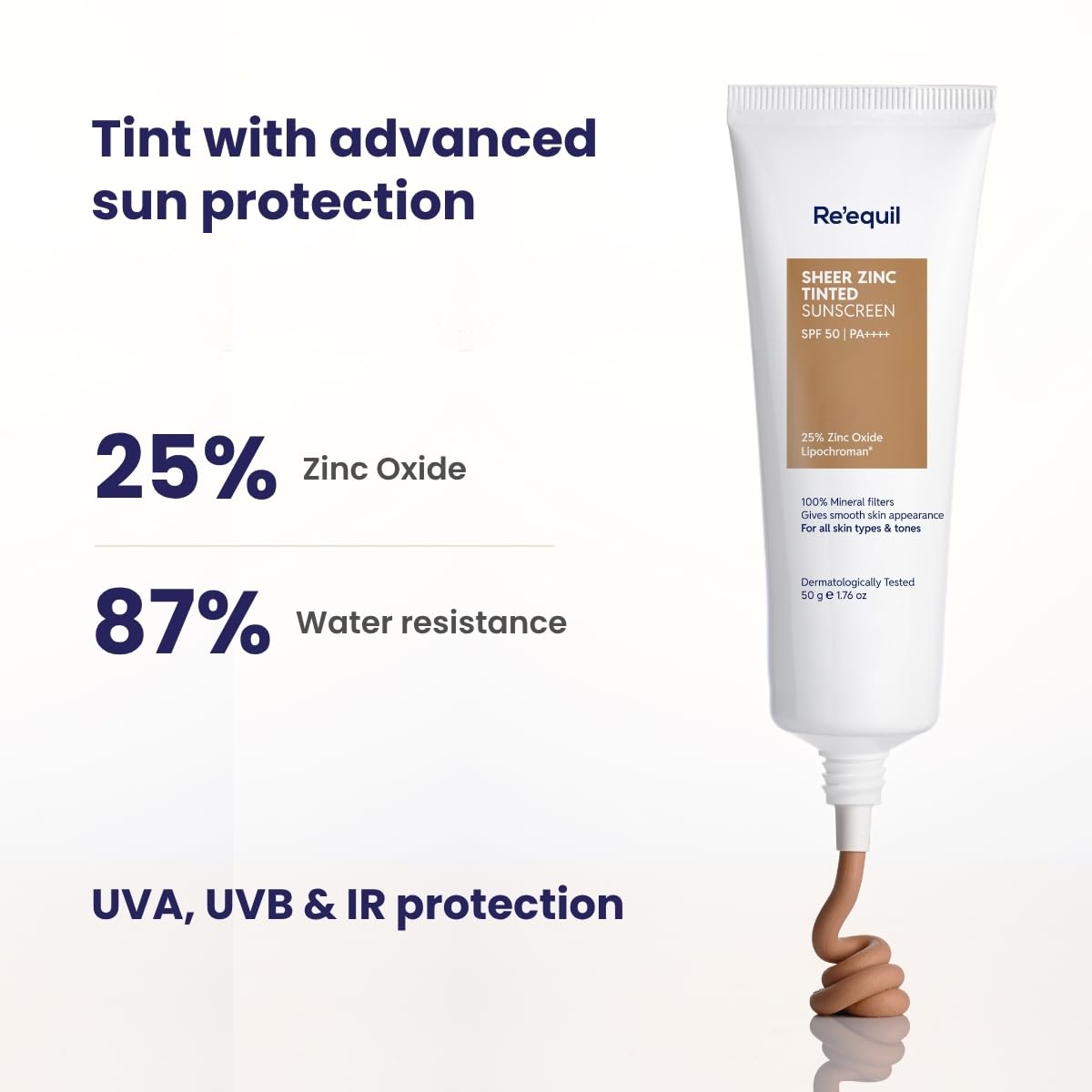 Sunscreen tube with text highlighting features on a white background