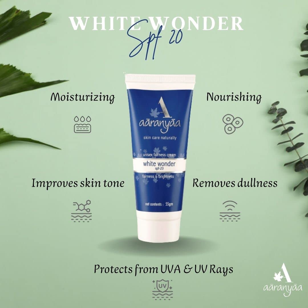 Aaranyaa Fairness Cream White Wonder SPF 20 (55gm) Face Cream with Hyaluronic Acid & Vitamin C to Hydrate, Moisturize & Brighten Skin | For Sun Protection - Paraben Free