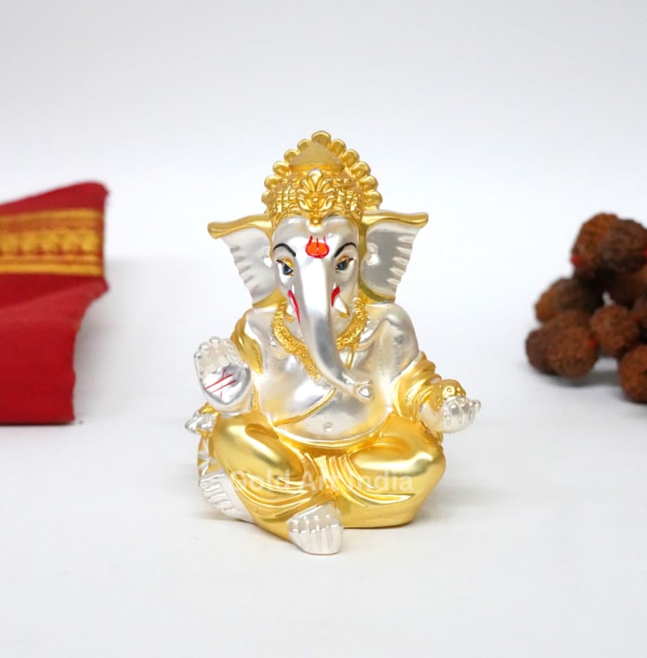 Gold Art India Gold and Silver Plated Matte Finish Ganesh Idol For Car Dashboard Ganesha Murti Ganpati Idol For Home Decor Puja Lord Ganesh Statue Gift For Office Desk Puja Room Figurine, 3 x 3 inches