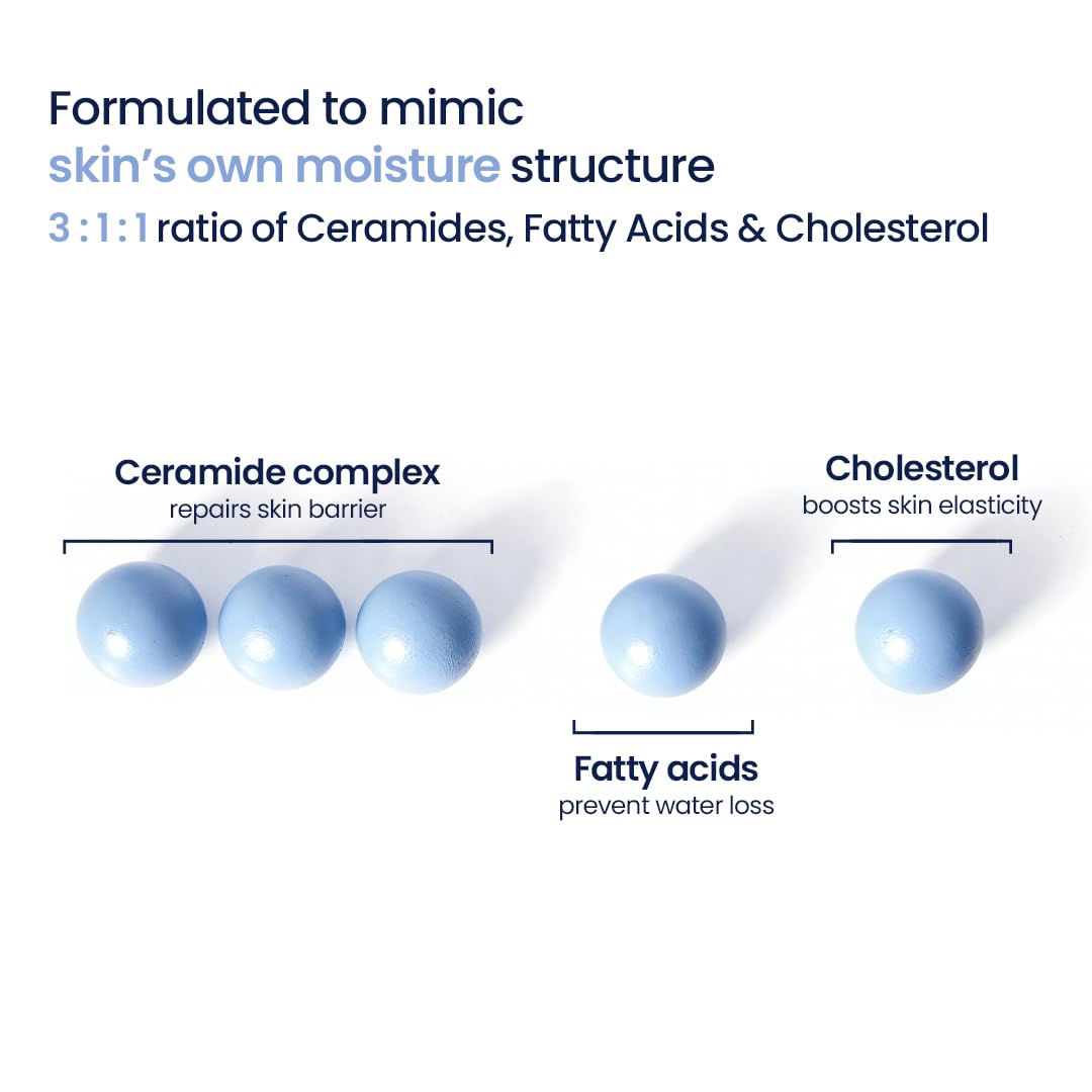 Diagram of skin moisture structure with ceramide complex, fatty acids, and cholesterol.