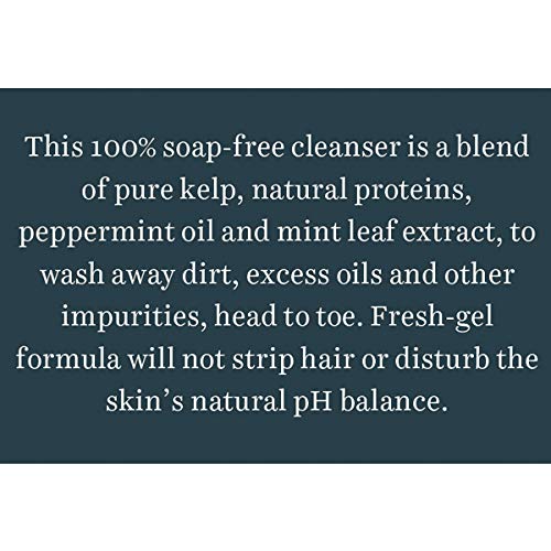Text description of a soap-free cleanser blend on a dark background