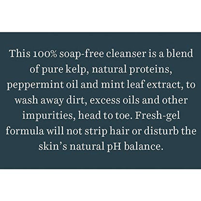 Text description of a soap-free cleanser blend on a dark background