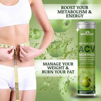 Nutrasium ACV Moringa Metabolism Plus | Apple Cider Vinegar Effervescent Tablet | For Supports Weight Loss, Control Cravings, Convert Fat Into Energy, Boost Energy & Immunity | 15 Tablets Green Apple