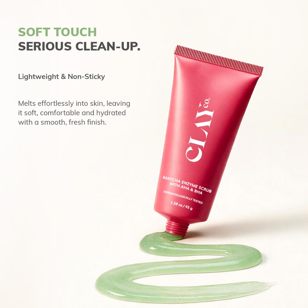 CLAYCO Matcha Enzyme Scrub with AHA & BHA | Gentle Exfoliating Green Tea Scrub for Dead Skin Removal, Blackheads & Pore Cleansing (45g)