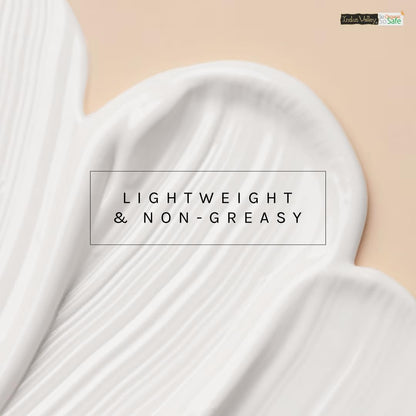 White fabric with 'Lightweight & Non-Greasy' text on a beige background