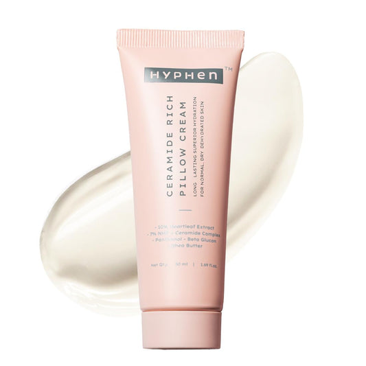 Pink tube of Hyphen Ceramide Rich Pillow Cream on a white background