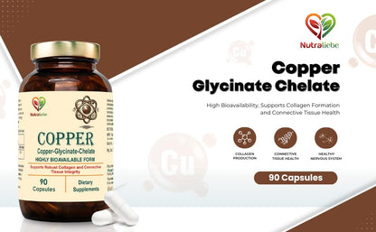 Nutraliebe Copper Glycinate Chelate - High Bioavailability, Supports Collagen Formation and Connective Tissue Health, 90 Capsules