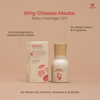 Maate Baby Massage Oil 50ml | For Newborn & Kids 0-12yr | Enriched With Brahmi, Noni & Pomegranate Seed | Light & Non-Sticky | Gentle on Baby's Skin | Cruelty-Free