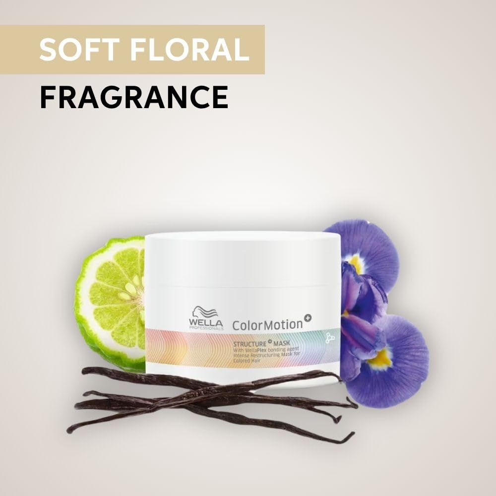 Wella ColorMotion mask with vanilla beans and flowers on a light background