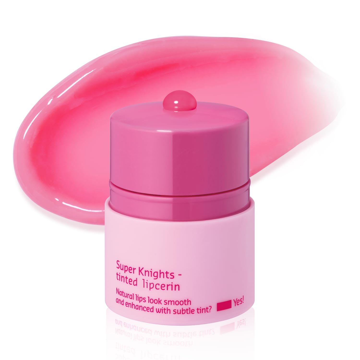 Pink lip balm container with visible text on a white background