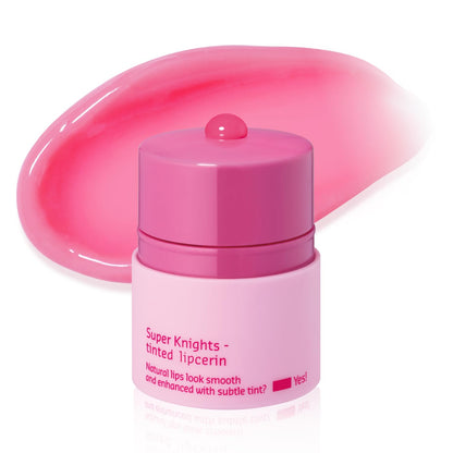 Pink lip balm container with visible text on a white background